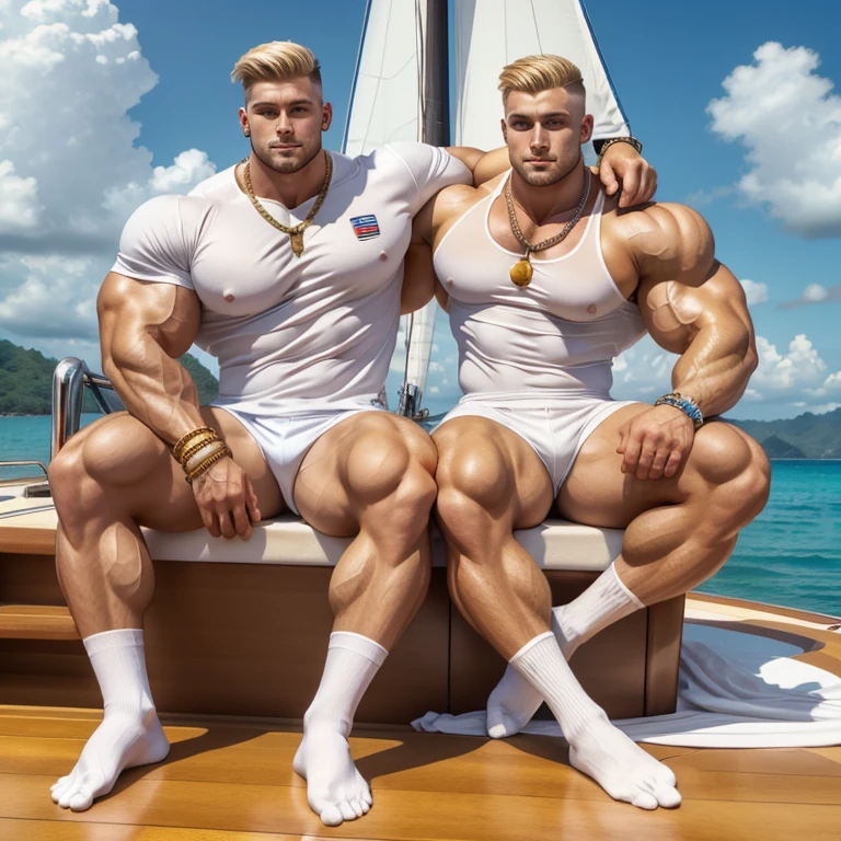 full view full body, one Bodybuilded over-muscular white young guy with undercut light-brown haircut, white crop-top, white shorts, golden rings, embracing another muscular guy with clean shaved blonde undercut haircut, wearing golden rings, necklaces, bracelets, earrings, in striped white t-shirt ,both wearing white sheer high socks ,no shoes, on a luxurious sailboat next Costa Rica beach. Their white sheer socks must be seen