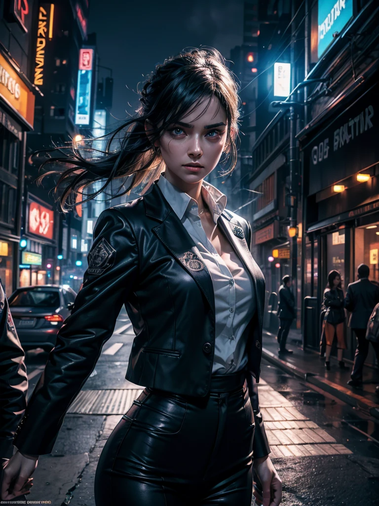 16K, HDR, RTX, raytracing, natural lighting, absurdres, best qaulity masterpiece, perfect ??????? highly detailed face, detailed eyes, 1girl, solo, wearing a business suit, shirt, top button open, beautiful hair, extreme beautiful, edgy, cool, evil aura, windy, glowing eyes, serious expressions, dystopian city, futuristic, detailed background, award winning, neon lights, trending on art station