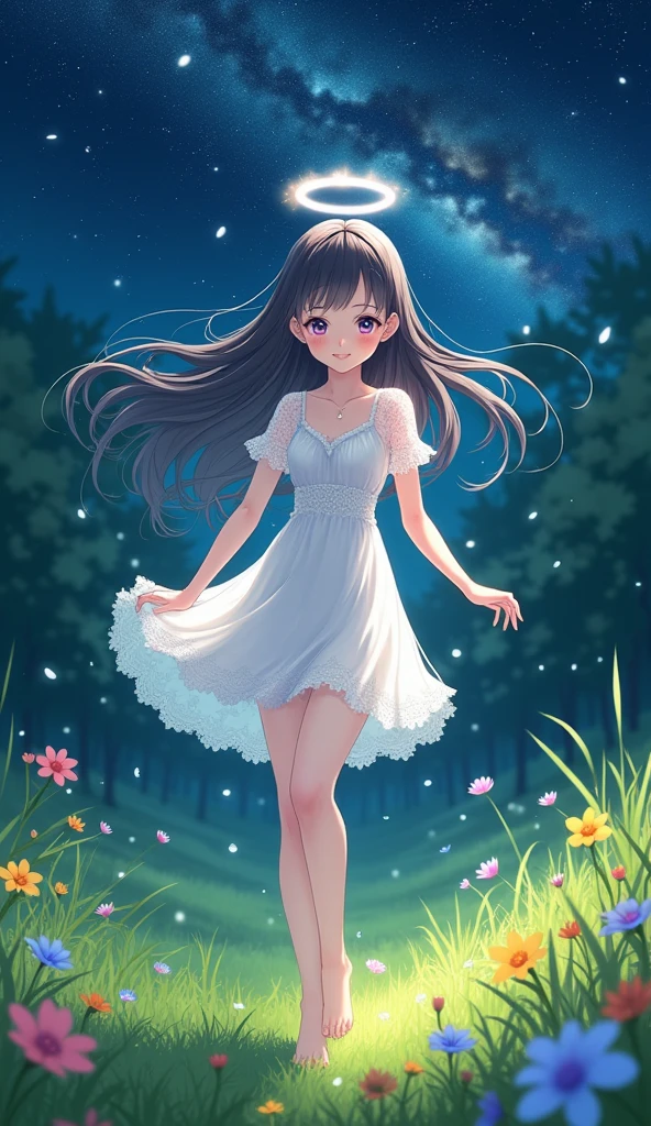(masterpiece、Highest quality、8k、High resolution)、1 female、Beautiful eyes with slit length、Cute lips、Beautiful Nose、Brownish black hair、smile、(Best anime girl)、Green grassland with forest view、Walking,(Flying barefoot, high, high, high,Running),Colorful flowers blooming in the field,A bright night with the stars clearly visible、milky way、Mysterious light particles from the whole body、Colorful light particles、A mysterious light shining around your head、melt、jewelry、necklace、White lace dress、(Beautiful full body style)、Highly detailed anime art、A complete portrayal、