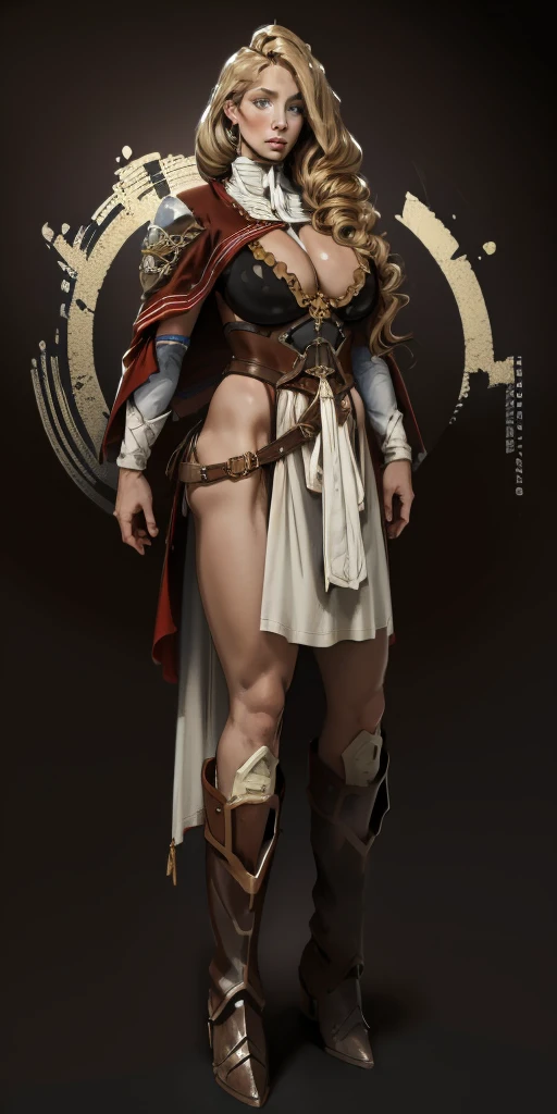 (masterpiece, best quality) (black background) full body standind straight symmetrical, FEMALE warrior princess Mercedez Von Martritz, twin big belt around waist, long curly blonde hair, very white skin, female wearing full body bikini armor with red cape, brown leather boots, adventurer outfit, veteran warrior milf bimbo