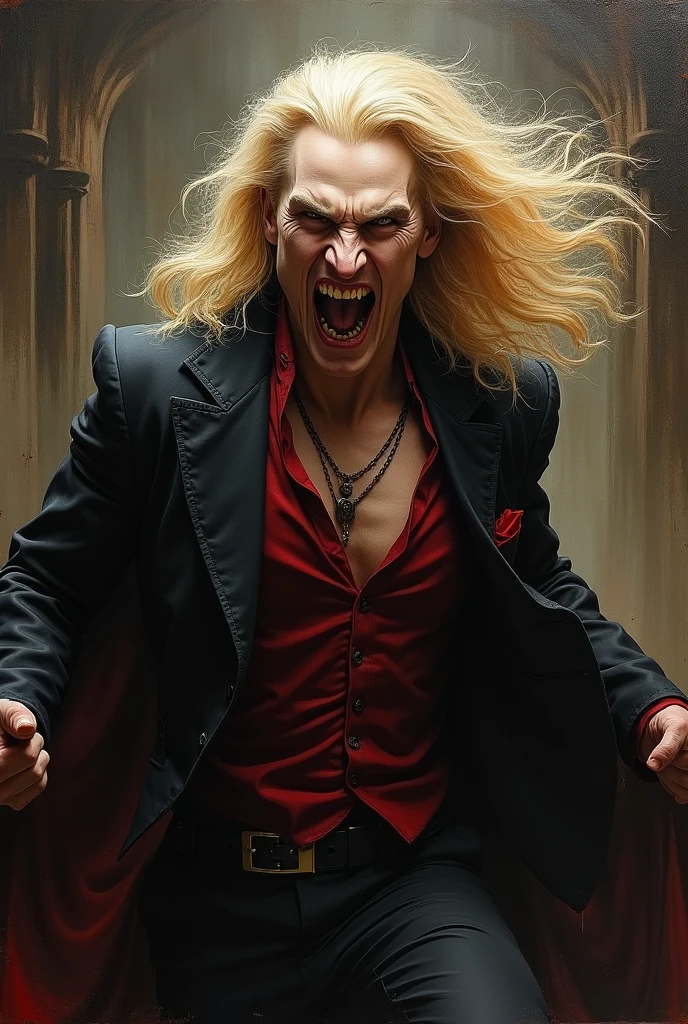 Create an image of the vampire lestat de lioncourt raging. Make this image in oil painting.