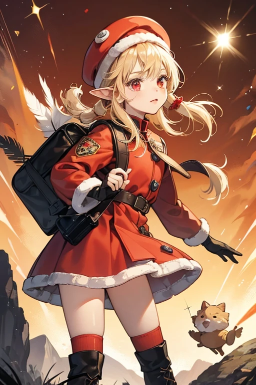 Klee is a small elf-like with pale skin and light red eyes. She has pale blonde hair tied in pigtails with a prominent cowlick and elf ears.
Klee wears a red coat with a darker red embellishment and keyhole shapes in the hem over a white dress and shorts, as well as a fluffy scarf with a pom-pom, gloves, knee socks, boots, and a brown messenger bag. Attached to this bag is Dodoco, a furry, woodland animal-shaped pom-pom made by her mother and her Pyro Vision. Klee wears a sizeable red newsboy cap with a pin featuring a clover insignia and two white feathers. Her outfit, Shooting Spark, is described as a set of clothing for an energetic child that even comes with a matching leather backpack. SPARKLE; GLITTER
