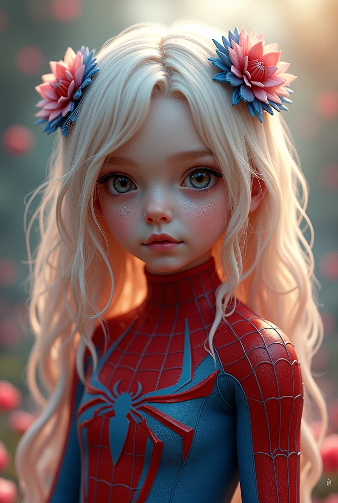 A girl with skin-colored hair combined with yellow and Spiderman clothes