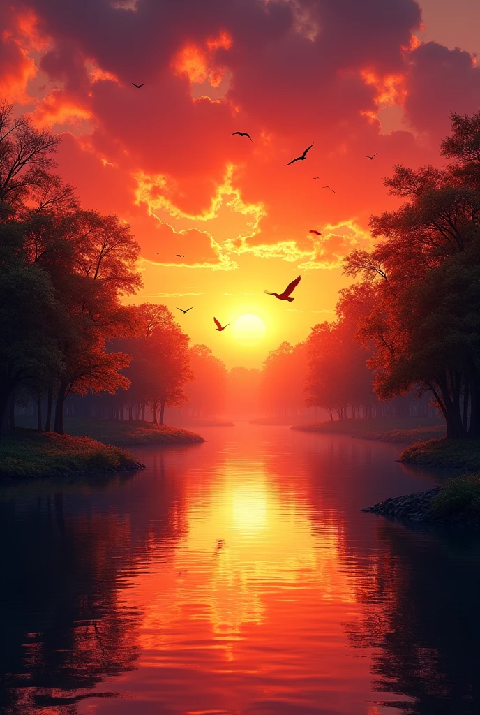 A sun set with red shining light from sun and birds are flying there and a beautiful river like a mirror with green tree shining with the sun set and with reddish sky sun in the corner