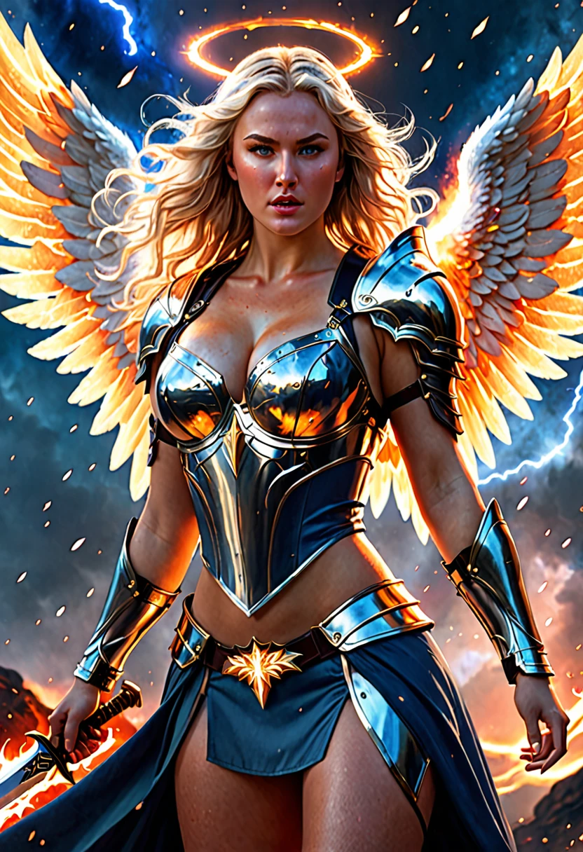  Full body portrait An angel woman, with armor, Pawg body, plus size body, Strong legs and hips, beautiful face, Freckles on the face,Beautiful Eyes, long Voluminous hair light blonde , with flaming sapphire sword, looking close up in middle of a nebula, lightning cuts through the sky,((rose petals carried by the wind)), the angel has flames coming out of his eyes at the same time he is screaming with all the expression of fury, 4k, HDR, Realistic lighting, perfect octane rendering, Ray tracing, hyperdetail and heavenly light, perfect lighting, Raindrops with Boreal Aurora 

