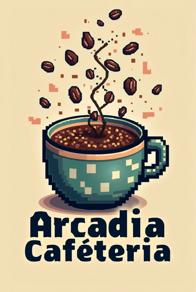 I&#39;m creating the logo for a gaming-themed experience cafe, What I need is a logo for this design a coffee cup that is made of pixels, giving a retro look, It also adds pixelated graphics of coffee beans or small video game icons inside the cup., The logo should be serious but fun, now put the name of the establishment, This is called Arcadia Cafeteria 