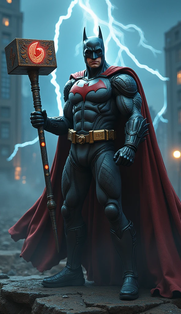 Rock Batman marvel with hammer shaped guitar with thunder in the background and a very rock vibes.