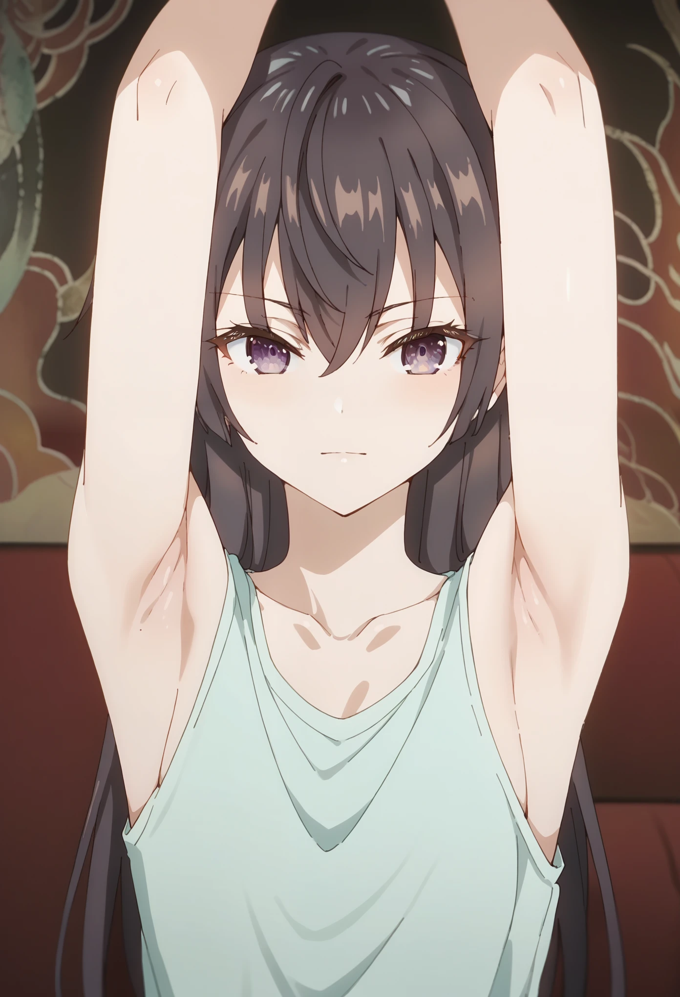 Yuki Suou, brown hair, long hair, purple eyes, collarbone, hair between eyes presenting armpit