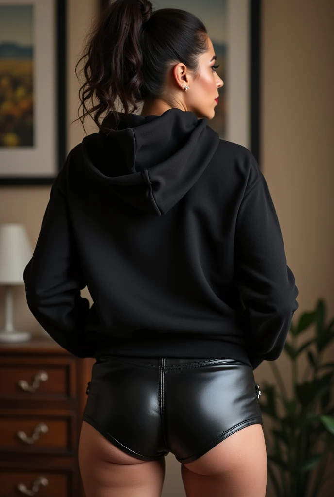 black woman hair in a bun black hoodie black leather short shorts being fucked in the ass by a old grandma in a dress
