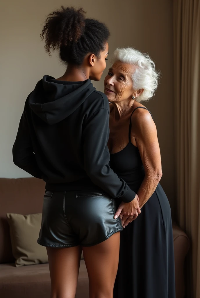 black woman hair in a bun black hoodie black leather short shorts being fucked in the ass by a old grandma in a dress