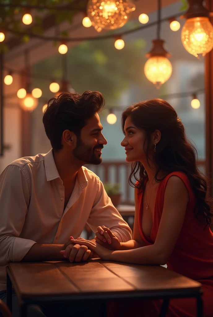 . First Date:
"Aniket and Priya sitting at an outdoor café in the evening. The ambiance is romantic with soft lights hanging above them. They are enjoying a quiet conversation, both dressed casually but with an air of excitement. Their hands are almost touching on the table, symbolizing their closeness."