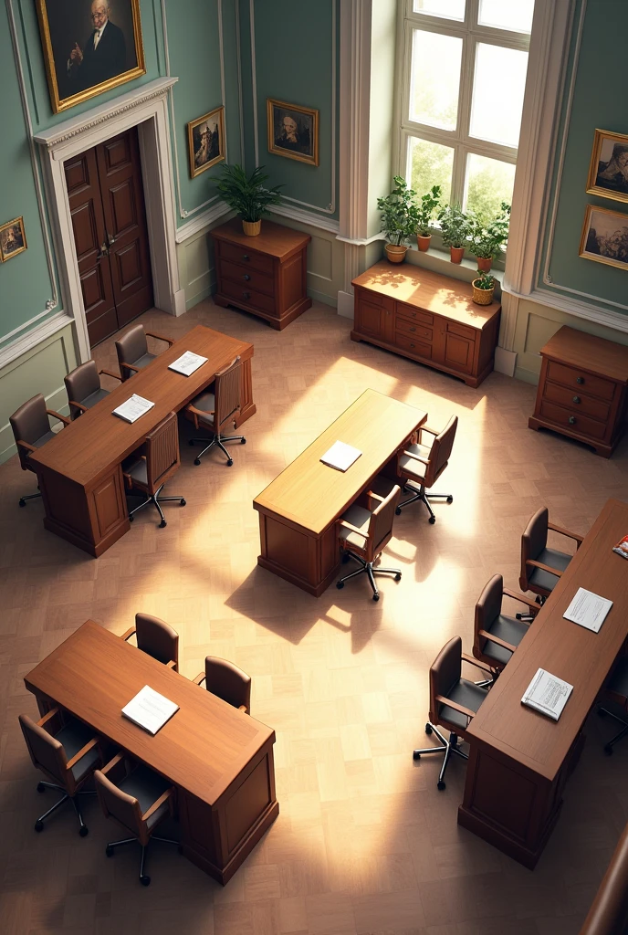 Create a room with tables and chairs in the style of a museum administration

