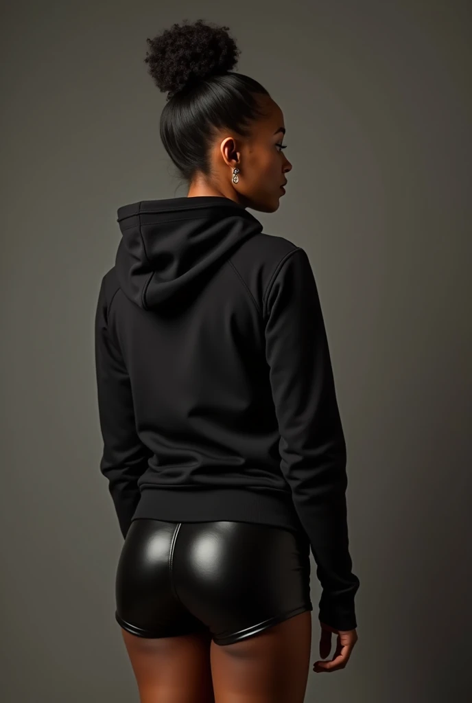 black woman hair in a bun black hoodie black leather short shorts being fucked in the ass by a old grandma in a dress
