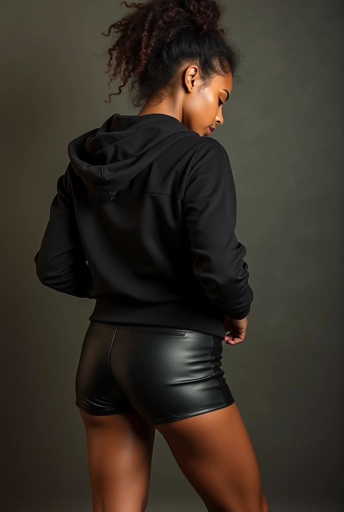 black woman hair in a bun black hoodie black leather short shorts being fucked in the ass by a old grandma in a dress