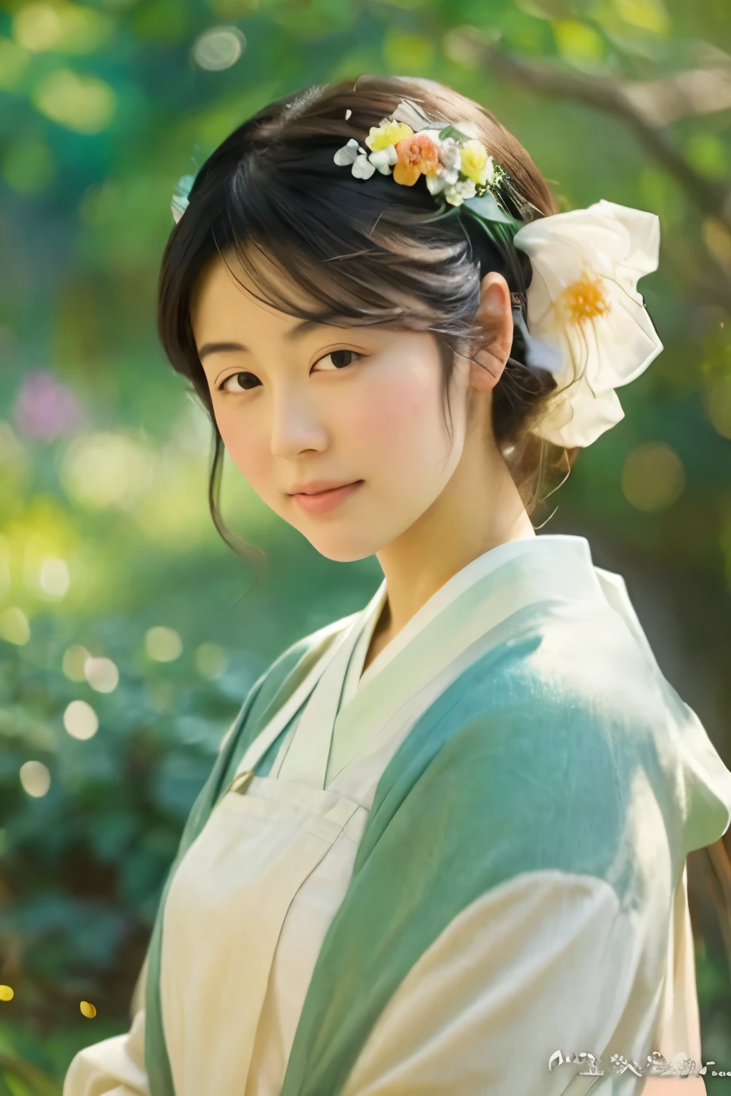 Create a detailed, impressionistic portrait of a Japanese woman, inspired by the painting style of Claude Monet. The woman's features should be delicate and elegant, capturing the serene and gentle expression often seen in traditional Japanese art. Her hair should be styled simply, possibly adorned with traditional accessories like a hairpin. The background should evoke a soft, dreamlike quality with light and color blending harmoniously, similar to Monet's use of dappled light and vibrant tones. The overall composition should have a painterly touch, with visible brushstrokes and a sense of movement in the colors, creating a scene that feels both vivid and ethereal.