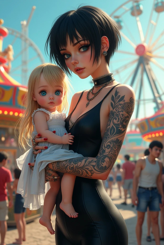 Short haired girl with tattoos and piercings with blue eyes in a black dress carrying a white  baby with long blonde hair and in a white dress and blue eyes in an amusement park