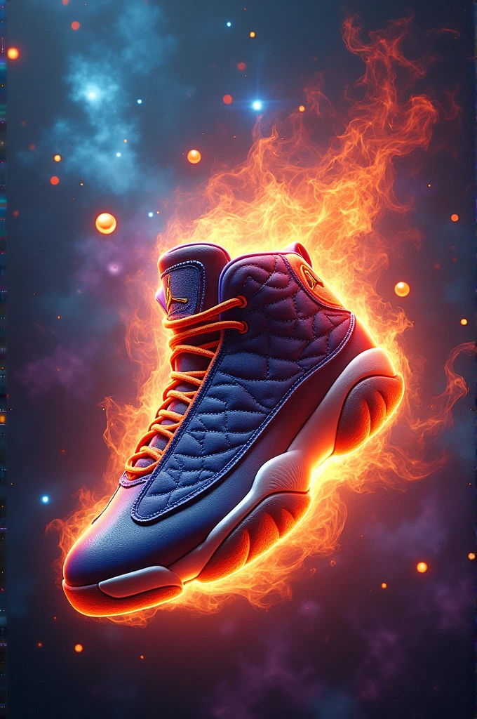 Two images of a Jordan Retro 13 tennis shoe with a multi-color design. The shoe is on fire with bright and burning fire in the middle of a dark galaxy. The galaxy has wavy patterns of black, purple, blue and pink. There are also floating and glowing orbs., In addition to shooting stars. The background contains a cosmic scene with stars and nebulas.