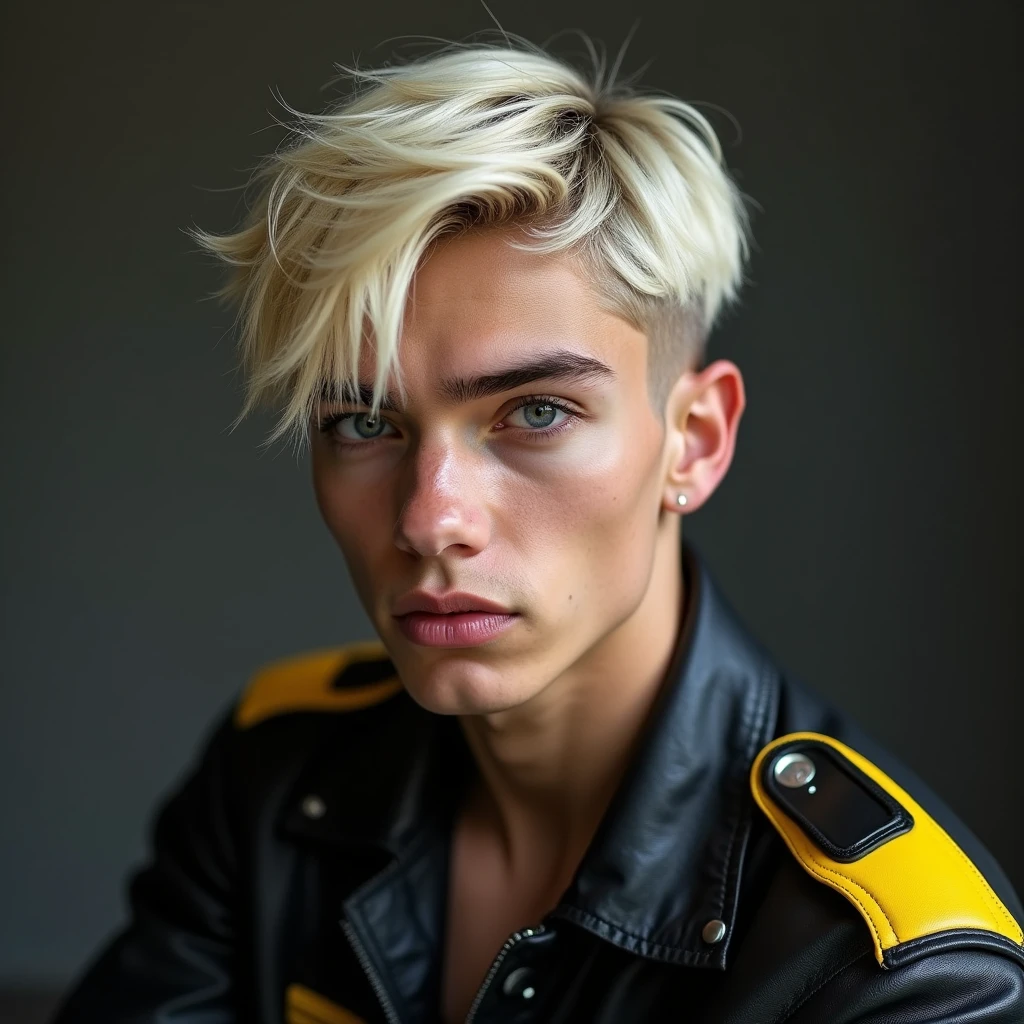 photograph head shot of an attractive 22 year-old male model, very short layered platinum blond hair, side swept bangs, raised eyebrow smirk expression, pale skin tone, 16k, extremely detailed skin. black leather jacket with yellow accents on shoulders