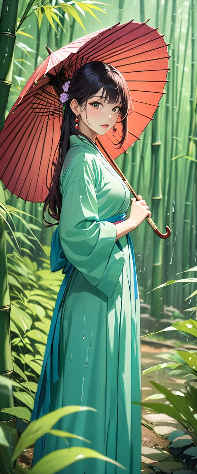 masterpiece, Extremely detailed CG unity 8k wallpaper, 1 girl, beautiful, Practical, Vague, Vaguered background, Vaguered foreground, bamboo forest, Depth of Field, earrings, Jewelry, nose, Practical, Solitary, Hanfu, Holding a paper umbrella, rain