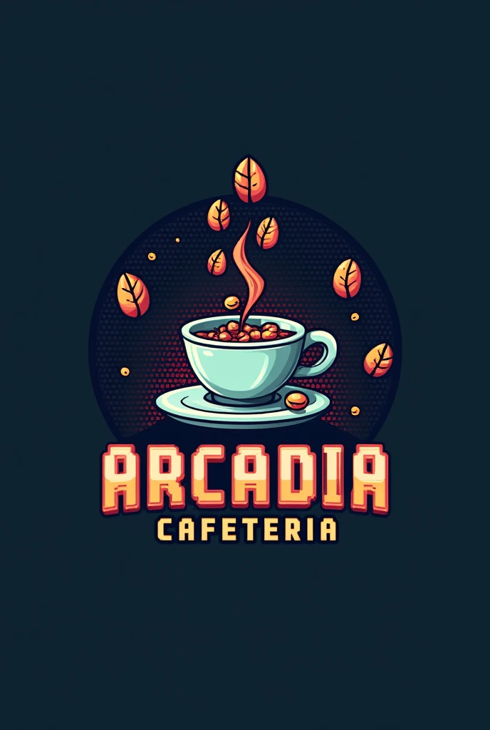 I'm creating the logo for a gaming-themed experience cafe, What I need is a logo for this design a coffee cup that is made of pixels, giving a retro look, It also adds pixelated graphics of coffee beans or small video game icons inside the cup., The logo should be serious but fun, now put the name of the establishment, This is called Arcadia Cafeteria