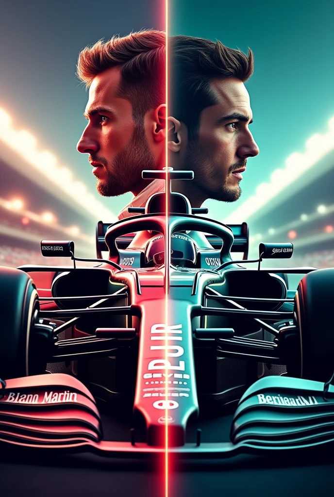 Formula 1 cover with Aston Martin and Mercedes-Benz with the drivers on opposite sides 