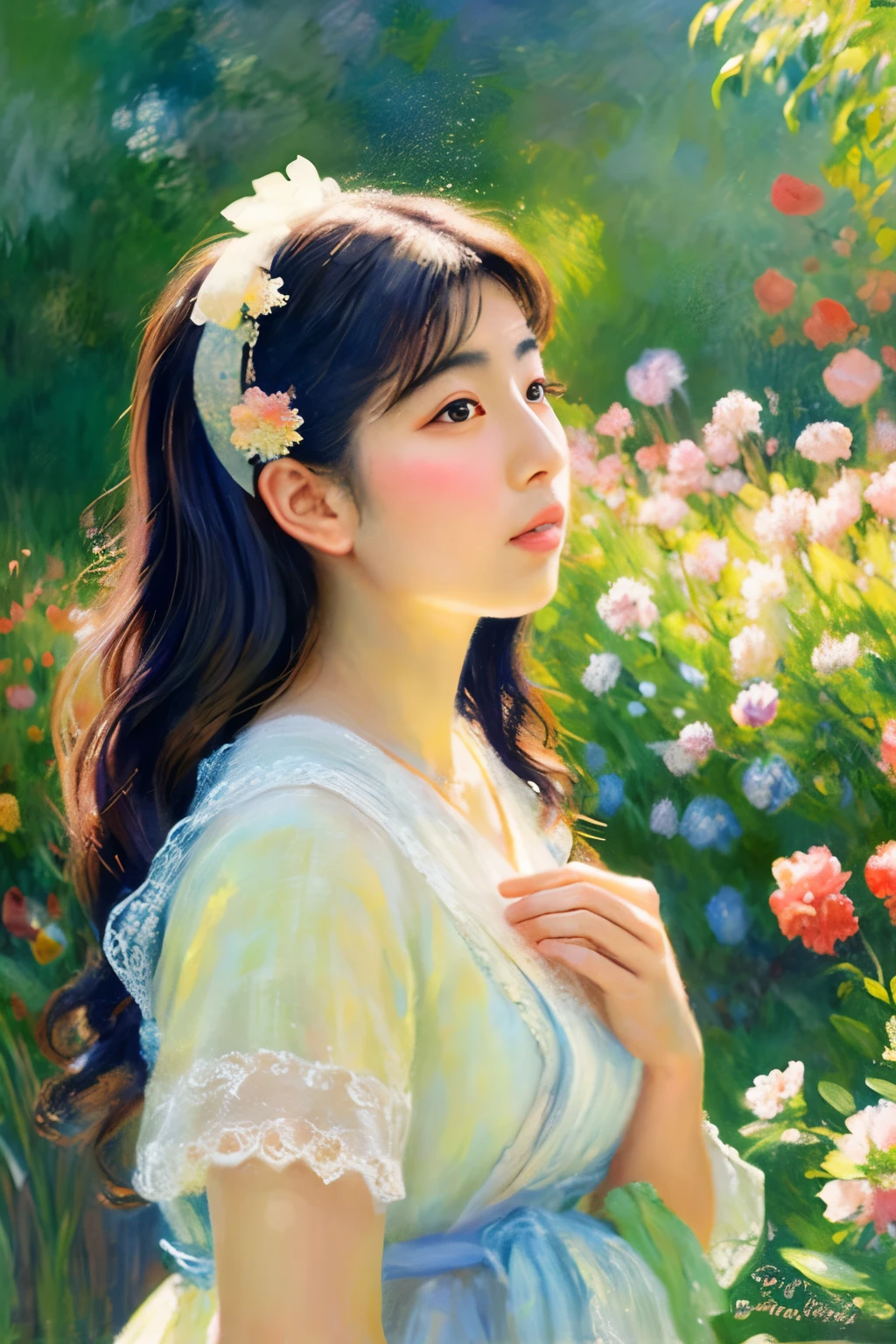 Create a detailed, impressionistic portrait of a Japanese woman, inspired by the painting style of Claude Monet. The woman's features should be delicate and elegant, capturing the serene and gentle expression often seen in traditional Japanese art. Her hair should be styled simply, possibly adorned with traditional accessories like a hairpin. The background should evoke a soft, dreamlike quality with light and color blending harmoniously, similar to Monet's use of dappled light and vibrant tones. The overall composition should have a painterly touch, with visible brushstrokes and a sense of movement in the colors, creating a scene that feels both vivid and ethereal.