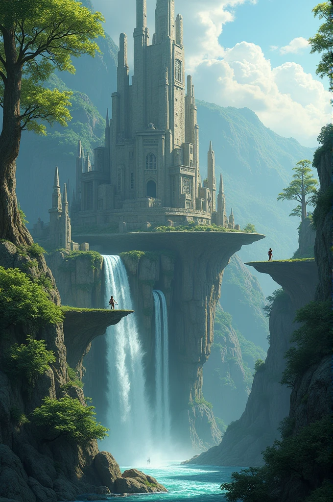 Floating stone city with giant trees and waterfalls falling from the sky