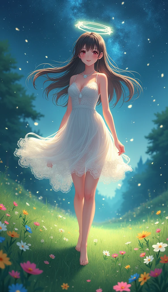 (masterpiece、Highest quality、8k、High resolution)、1 female、Beautiful eyes with slit length、Cute lips、Beautiful Nose、Brownish black hair、smile、(Best anime girl)、Green grassland with forest view、Walking,(Flying barefoot, high, high, high,Running),Colorful flowers blooming in the field,A bright night with the stars clearly visible、milky way、Mysterious light particles from the whole body、Colorful light particles、A mysterious light shining around your head、melt、jewelry、necklace、White lace dress、(Beautiful full body style)、Highly detailed anime art、A complete portrayal、