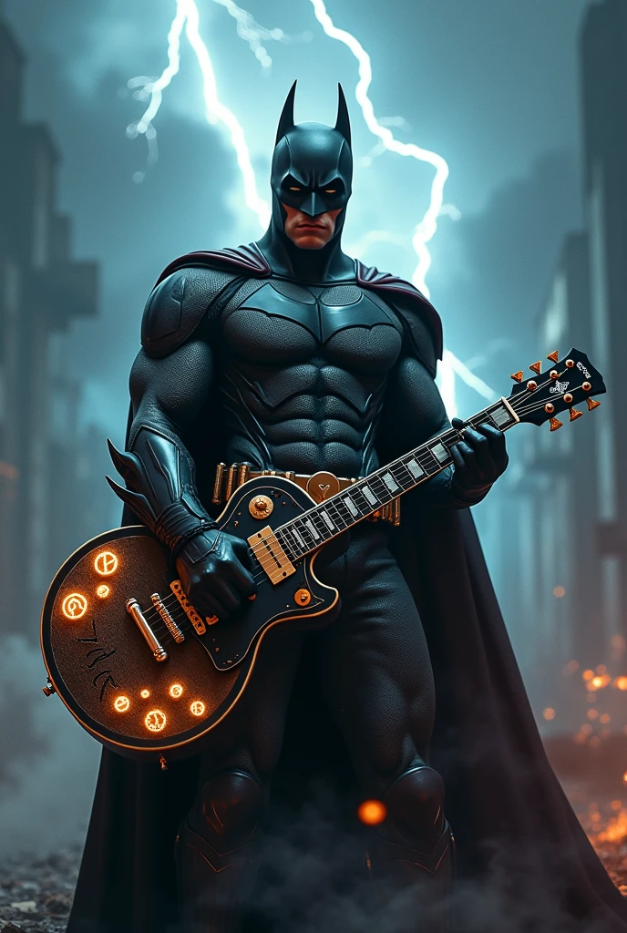 Rock Batman marvel with hammer shaped guitar with thunder in the background and a very rock vibes.