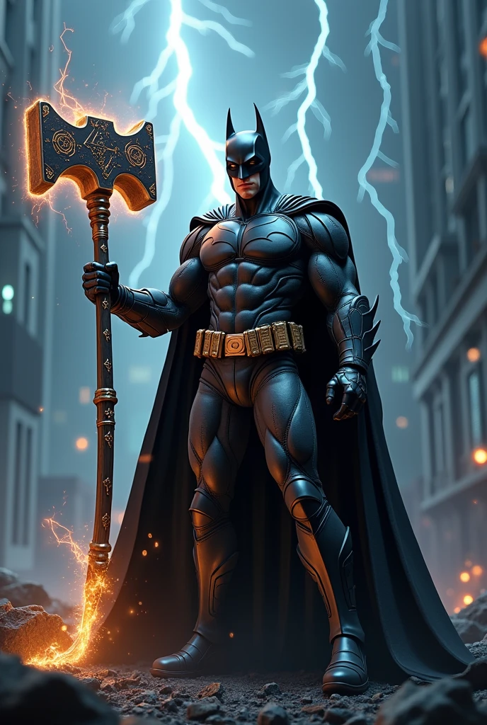 Rock Batman marvel with hammer shaped guitar with thunder in the background and a very rock vibes.