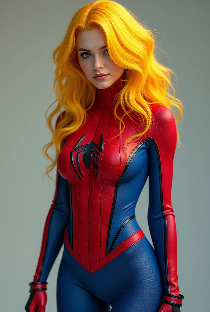A girl with skin-colored hair combined with yellow and Spiderman clothes Adult with tits and who doesn&#39;t look like a Smurf