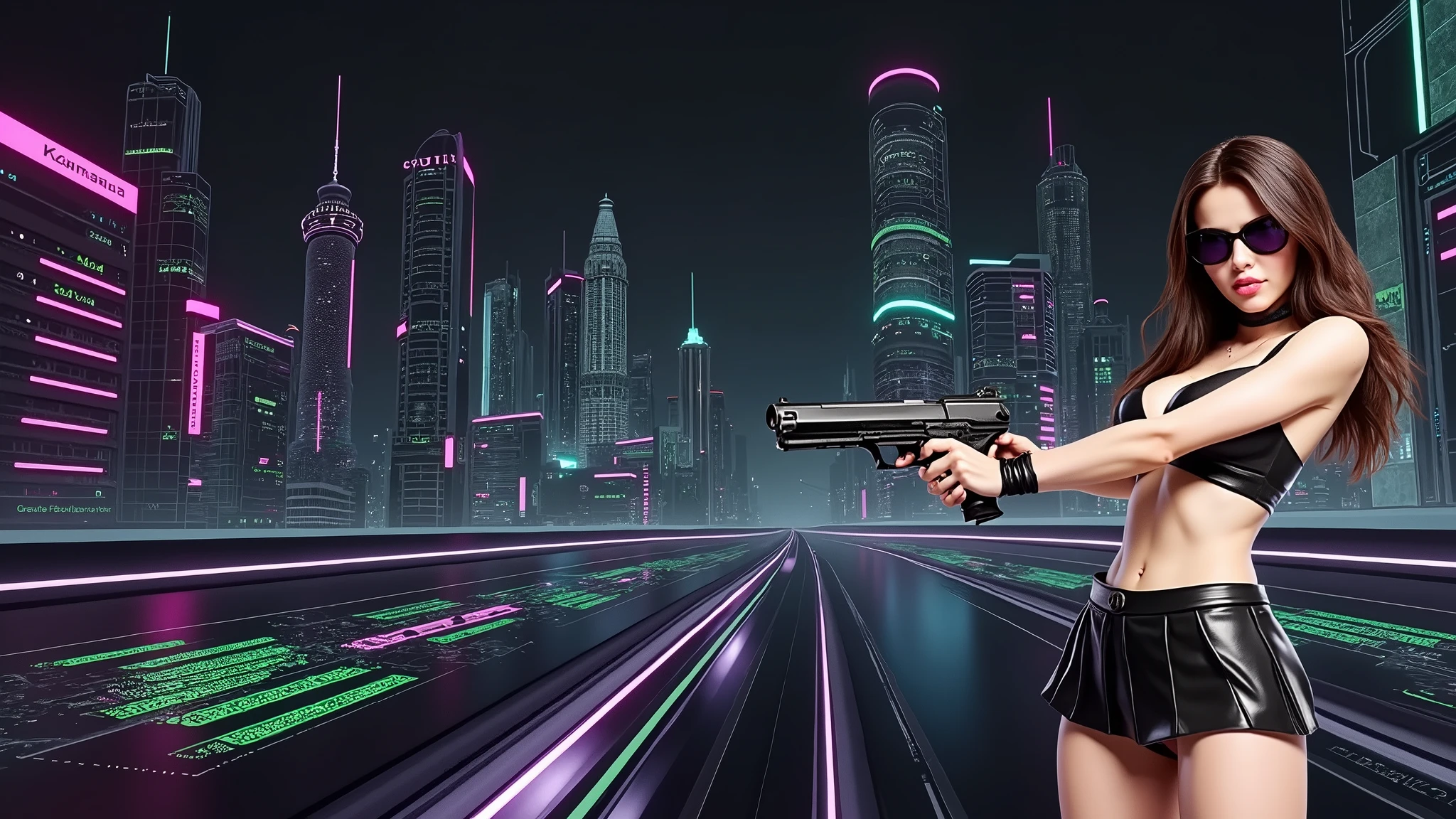 Matrix inspired futuristic cityscapes with colorful all-glass outlined towering skyscrapers with lightning, flying vehicle. High-resolution OLED GUI interfaces in the building, The windows are filled with transparent data visualization infographics that show it all, very close-up green glowing cascading code. Colors are saturated and vibrant. At night, (1 female assassin crouching on a skateboard, solo, alone), photorealistic, large-breast slim:0.6 body, oval:0.5 face, black mini bra, cleavage:1.1, deep-v, very low angle view of black pleated miniskirt, white panty, (upskirt), glove, (Matrix style black micro sunglasses), (aiming viewer with a short gun), dynamic skateboard jumping pose, (full-body thigh level close-up:2.0 shot), cinematic lighting, ray tracing, motion blur background.