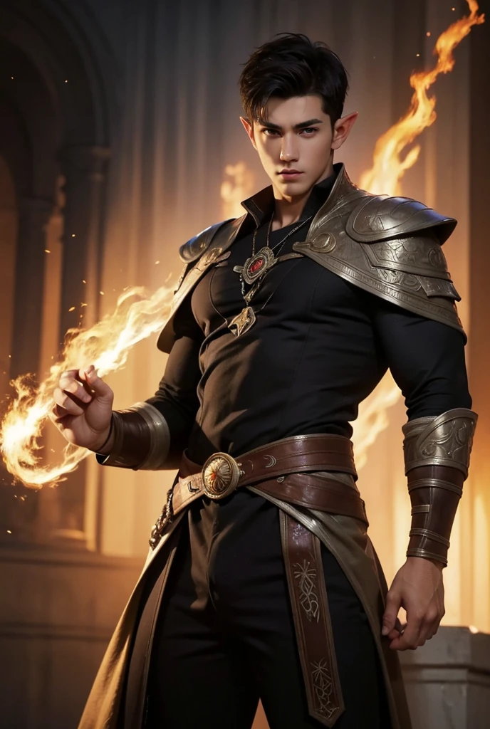 Masterpiece, Excellent, a tall muscular young man, solo, perfect facial features, (short hairstyle:1.5), sexy gaze, beautiful, gorgeous, wet, digital painting, fire wizard, slimming, elf, gray pupils, floating ball of fire, wizard outfit, relax, detailed background