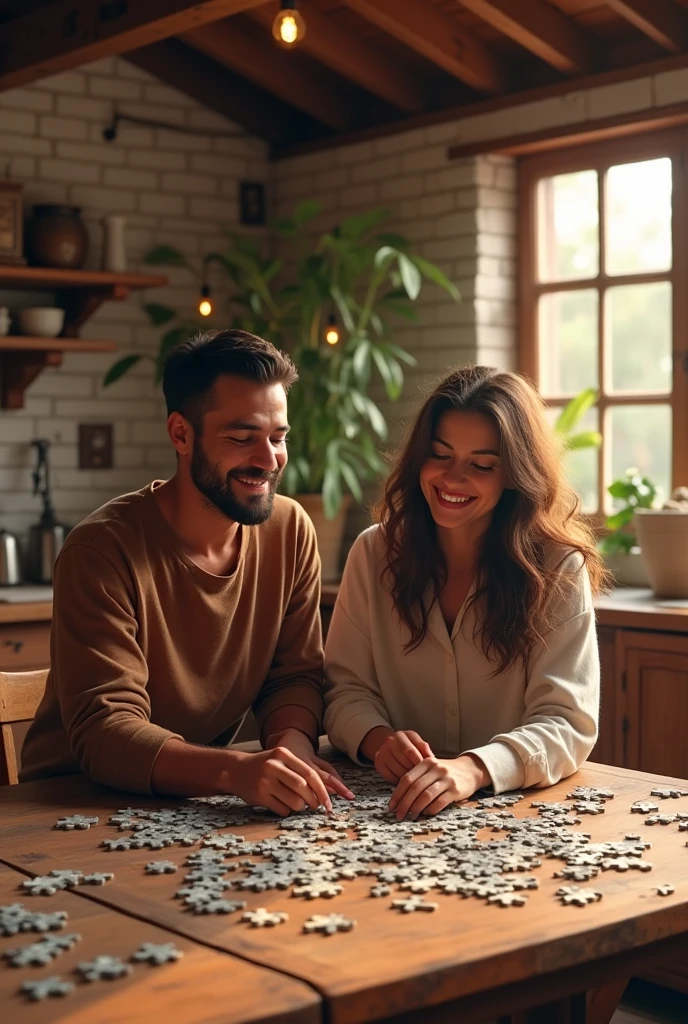 Couple putting together a 1000 piece jigsaw puzzle on a rustic table, in a house on the farm. The couple is euphoric. Thin man with short beard, fat woman with very long hair.