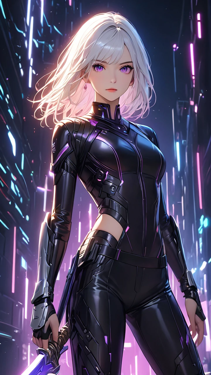 ((Best Quality)), ((Masterpiece)), ((Realistic)) slender, cute girl with medium-length white hair and vibrant purple eyes. She wears a tight-fitting, sleek suit with high-tech boots and chestplates. The outfit includes matching vambraces, all in a futuristic, high-tech design. She wields a high-tech sword, adorned with glowing lights along the blade and hilt. The girl's expression is calm and focused, complementing her stylish, advanced gear.