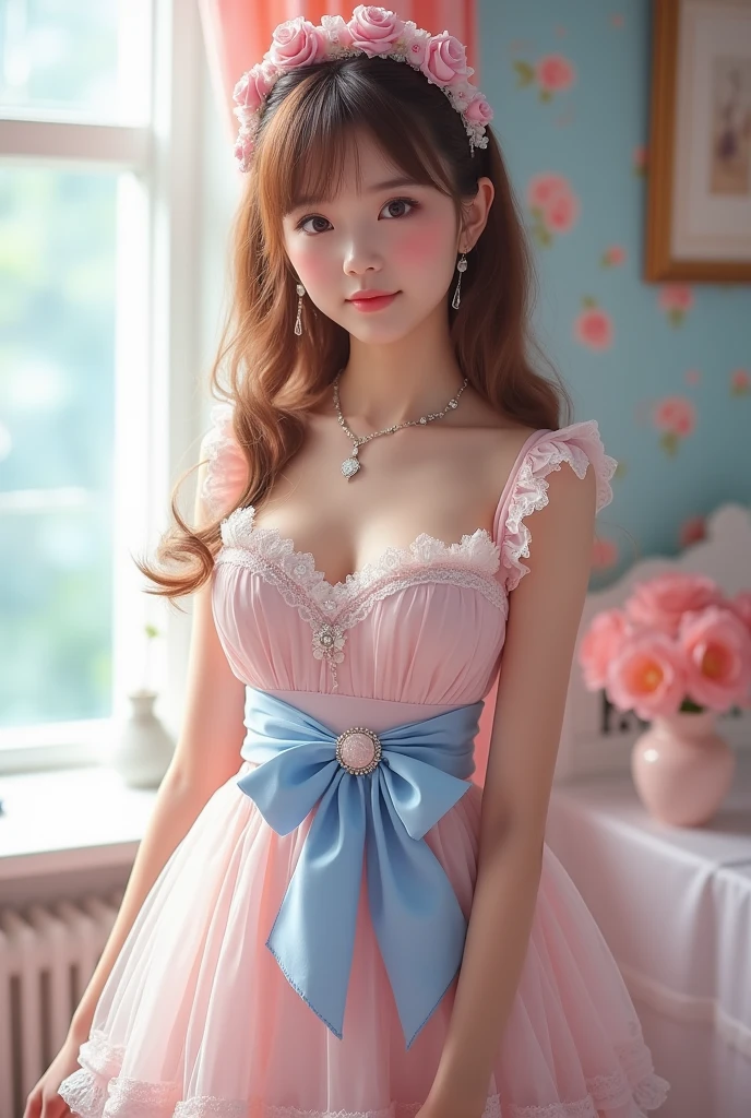 (Highest quality、masterpiece、8k、Best image quality、Hyperrealism、Award-winning works)、1 cute beautiful girl、(alone:1.1)、(1 photo:1.1)、(cute, Girlish, A sheer lolita dress in light pink and light blue:1.2)、(Cute Girlish big ribbon:1.1)、(Cute and luxurious hair accessories:1.1)、(The perfect Lolita dress with attention to detail:1.2)、(A cute dress with frills and ribbons:1.1)、(cute lolita dress with lace decorations:1.1)、(Cute Girlish lolita wavy hair:1.1)、(Low length:1.1)、(height: 140cm:1.1)、(Very large breasts:1.5)、(Glamorous Body:1.5)、(Big cleavage:1.5)、(Pink Roses:1.1)、(cute heart symbol:1.1)、Cute Lots of frills、(Big cute ribbon:1.1)、Accentuate your body lines、Slender body、Standing Elegantly、(Pastel color Girlish and luxurious lolita room background:1.1)、(A fairytale room with attention to detail:1.1)、(cute light blue decorative wall:1.2)、(cute room with a っぽい atmosphere in pastel colors:1.1)、(cute room with very bright and shiny pastel colors:1.4)、(A very bright and shiny room:1.2)、(Lots of pastel colors:1.2)、(very bright and vivid:1.4)、(cute pastel color wall decoration:1.2)、Blurred Background、Standing Elegantly Girl、Accurate anatomy、Perfect Makeup、Long eyelashes、Glossy Lips、Ultra HD glossy skin、(Ultra-high resolution, bright and beautiful skin:1.2)、(Super bright and radiant skin:1.2)、Ultra-high definition glossy lips、Ultra-high resolution beautiful teeth、Light brown and blonde hair、Light brown eyes
