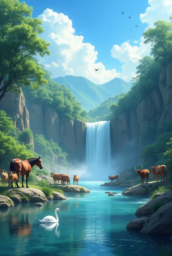 The image is a digital illustration of a beautiful landscape with a river flowing through it. The river is surrounded by lush greenery and trees on both sides. The sky is blue with white clouds and there are a few birds flying in the distance. On the right side of the image, there is a waterfall cascading down a rocky cliff. In the foreground, there are several animals, including a brown horse, a white swan, and several brown cows. The animals are standing on the rocks and boulders, and the water is a deep blue color. The overall scene is peaceful and serene, with a sense of natural beauty and tranquility.