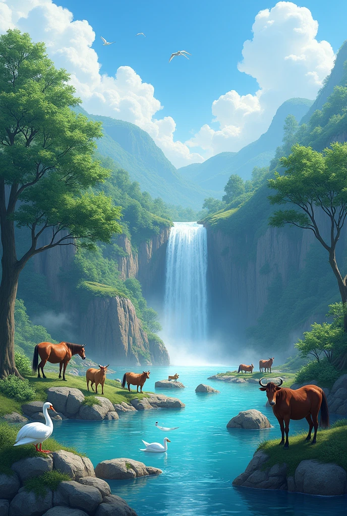 The image is a digital illustration of a beautiful landscape with a river flowing through it. The river is surrounded by lush greenery and trees on both sides. The sky is blue with white clouds and there are a few birds flying in the distance. On the right side of the image, there is a waterfall cascading down a rocky cliff. In the foreground, there are several animals, including a brown horse, a white swan, and several brown cows. The animals are standing on the rocks and boulders, and the water is a deep blue color. The overall scene is peaceful and serene, with a sense of natural beauty and tranquility.