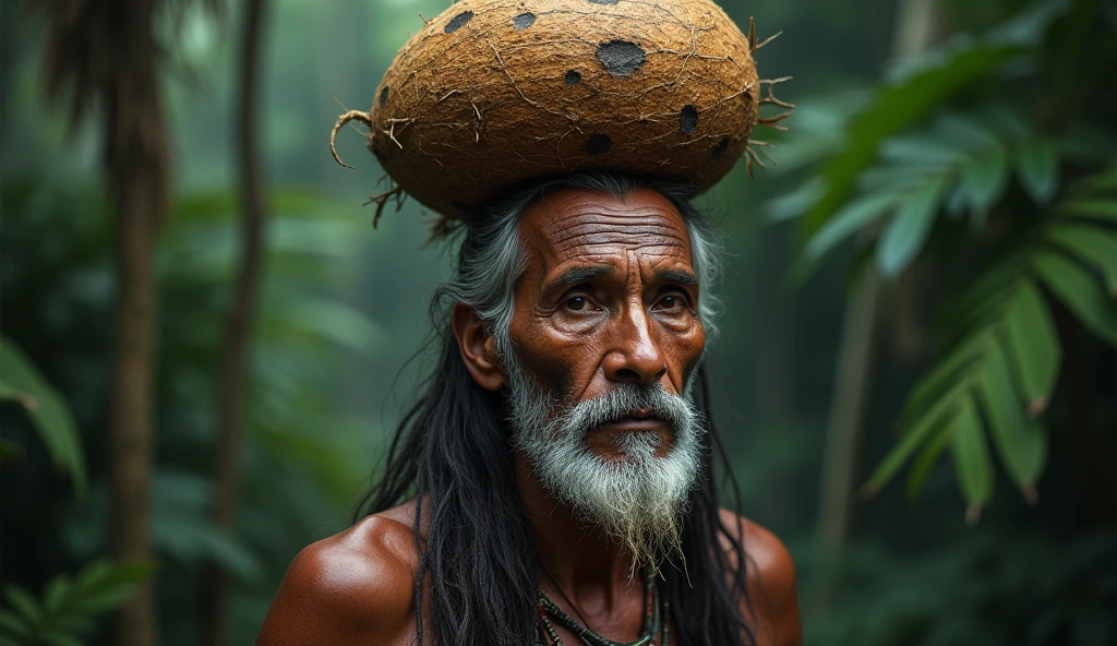 Shamanic Indian face with coconut on head 
