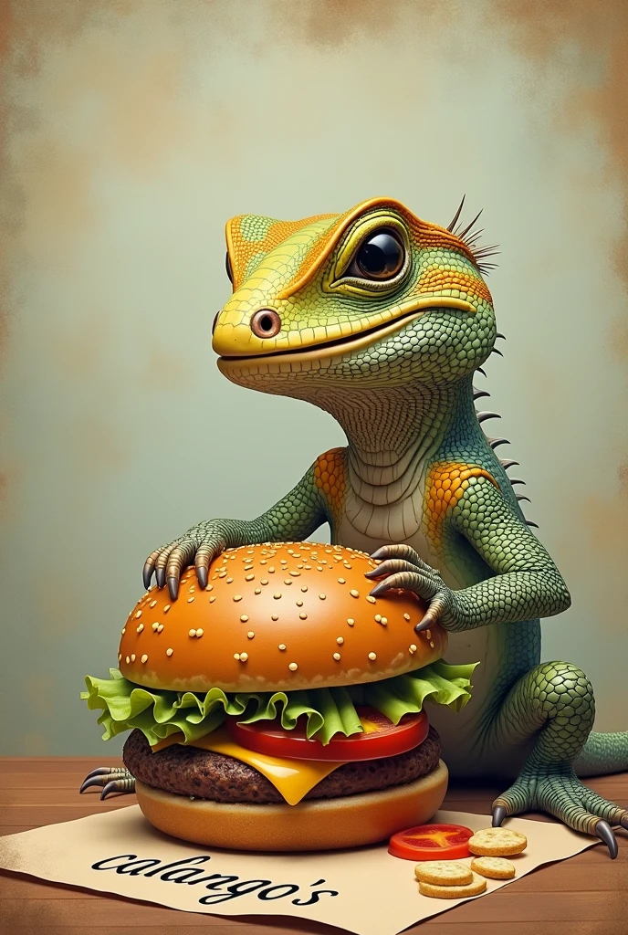 A lizard eating a hamburger. On the paper written Calango's and the name of the calango, Ambrose.