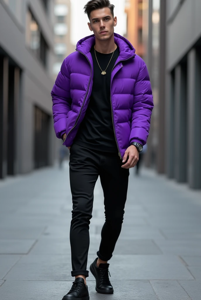 Man wearing purple jacket, black t-shirt, black skinny pants and black tennis shoes
