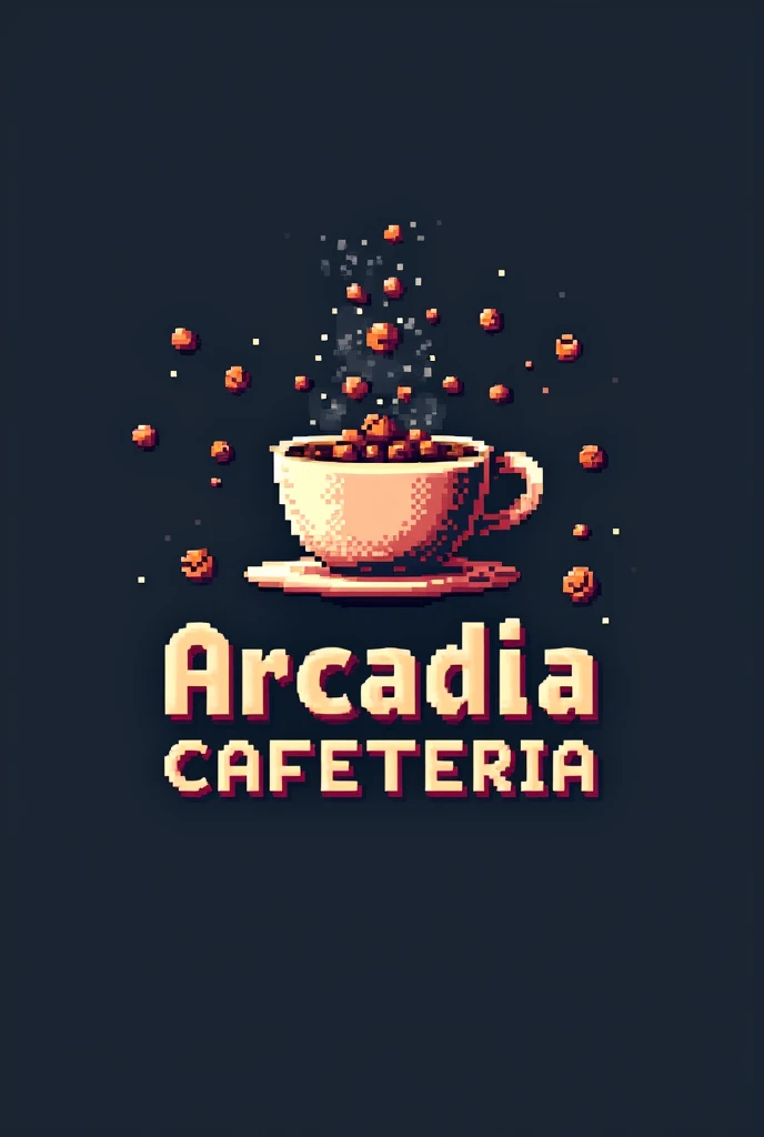 I'm creating the logo for a gaming-themed experience cafe, What I need is a logo for this design a coffee cup that is made of pixels, giving a retro look, It also adds pixelated graphics of coffee beans or small video game icons inside the cup., The logo should be serious but fun, now put the name of the establishment, This is called Arcadia Cafeteria