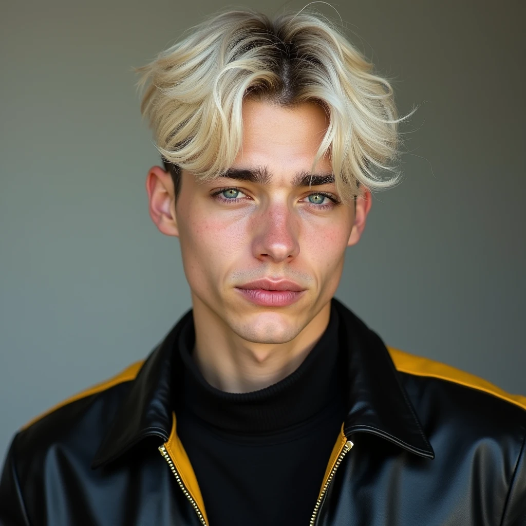 photograph head shot of an attractive 22 year-old male model, very short layered platinum blond hair, side swept bangs, raised eyebrow smirk expression, almond shaped eyes, pale skin tone, 16k, extremely detailed skin. black leather jacket with yellow accents on shoulders