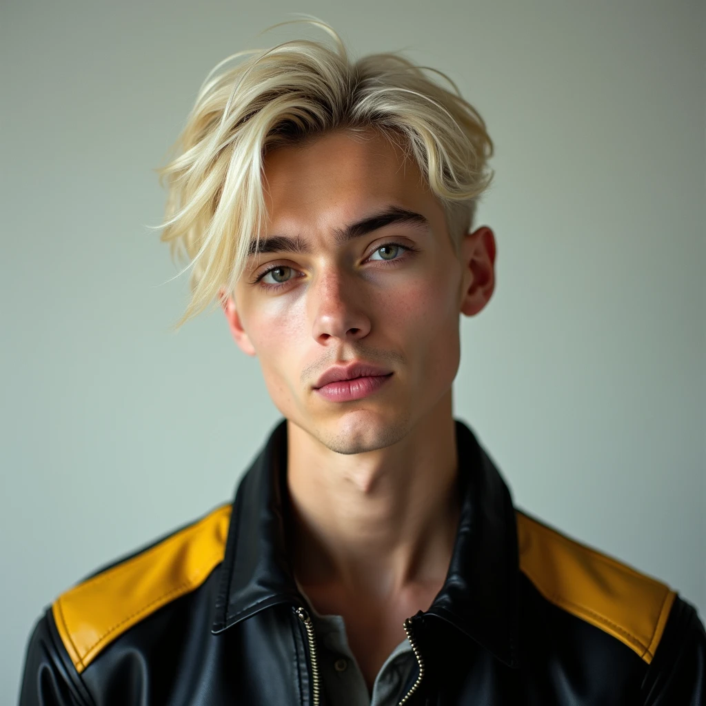 photograph head shot of an attractive 22 year-old male model, very short layered platinum blond hair, side swept bangs, raised eyebrow smirk expression, almond shaped eyes, pale skin tone, 16k, extremely detailed skin. black leather jacket with yellow accents on shoulders