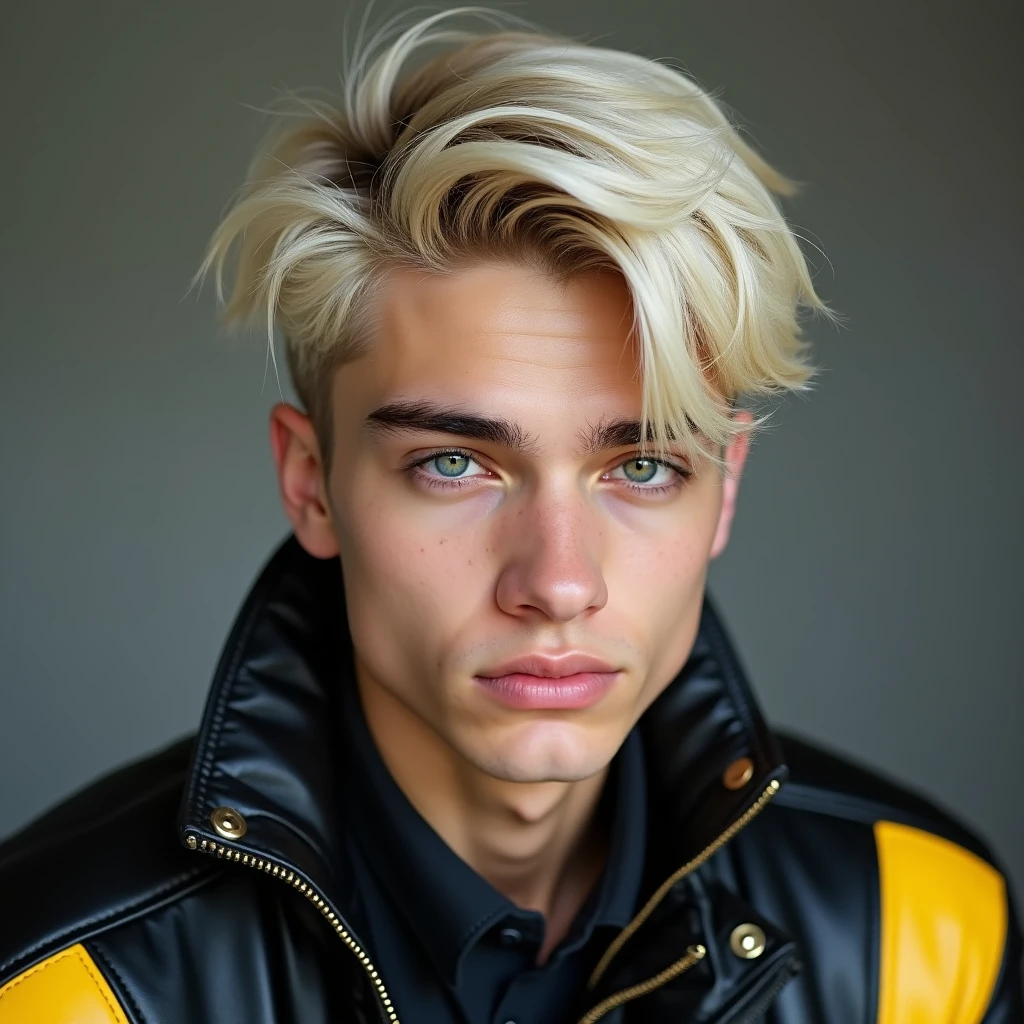 photograph head shot of an attractive 22 year-old male model, very short layered platinum blond hair, side swept bangs, raised eyebrow smirk expression, almond shaped eyes, pale skin tone, 16k, extremely detailed skin. black leather jacket with yellow accents on shoulders