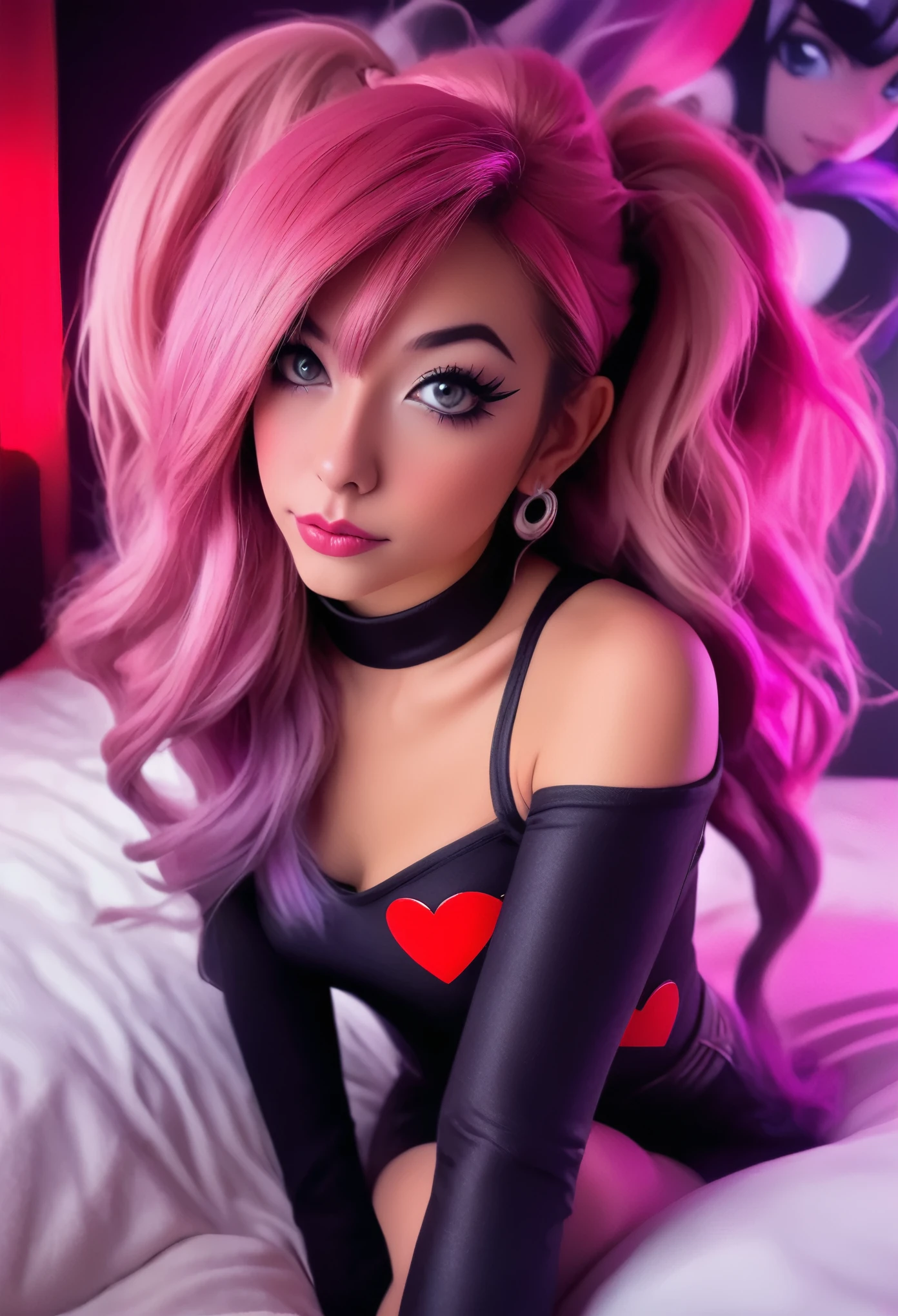 A beautiful detailed young woman with captivating eyes, lush lips, and long eyelashes, dressed in a sexy cosplay outfit inspired by the Pokemon character Team Rocket Jessie, posing playfully with her back towards the viewer, set against the backdrop of an anime-themed bedroom with vibrant colors and soft lighting, (best quality,4k,8k,highres,masterpiece:1.2),ultra-detailed,(realistic,photorealistic,photo-realistic:1.37),1girl,detailed face,beautiful detailed eyes,beautiful detailed lips,extremely detailed eyes and face,longeyelashes,playful pose,butt towards viewer,anime themed bedroom,colorful,soft lighting,cosplay,team rocket jessie,pokemon,cute adult woman,sexy