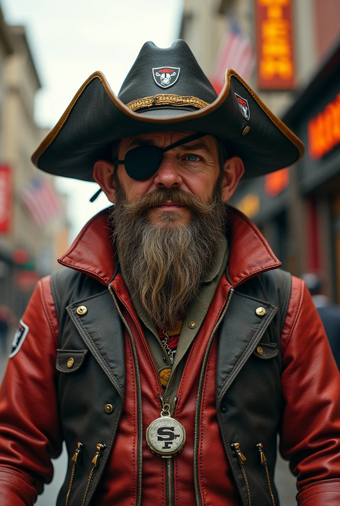 A Gold Miner Like Sourdough Sam, san francisco 49ers mascot, wearing 49ers colors and 49ers symbol but the face being the pirate from the raiders symbol with an eye patch and black raiders pirate hat