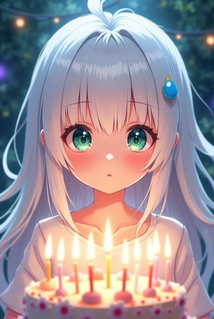 White-haired anime girl with one green eye and one blue eye on a birthday in front of a cake with candles