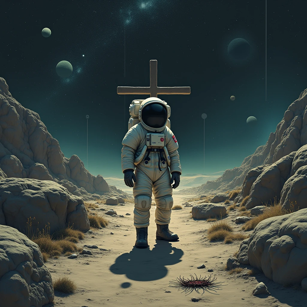 an astronaut , A rocky road, a cross at the end of the road ,a crown of thorns on the floor , a garment thrown on the ground , a small blood mark, in outer space, planets , galaxies , constellations , stars