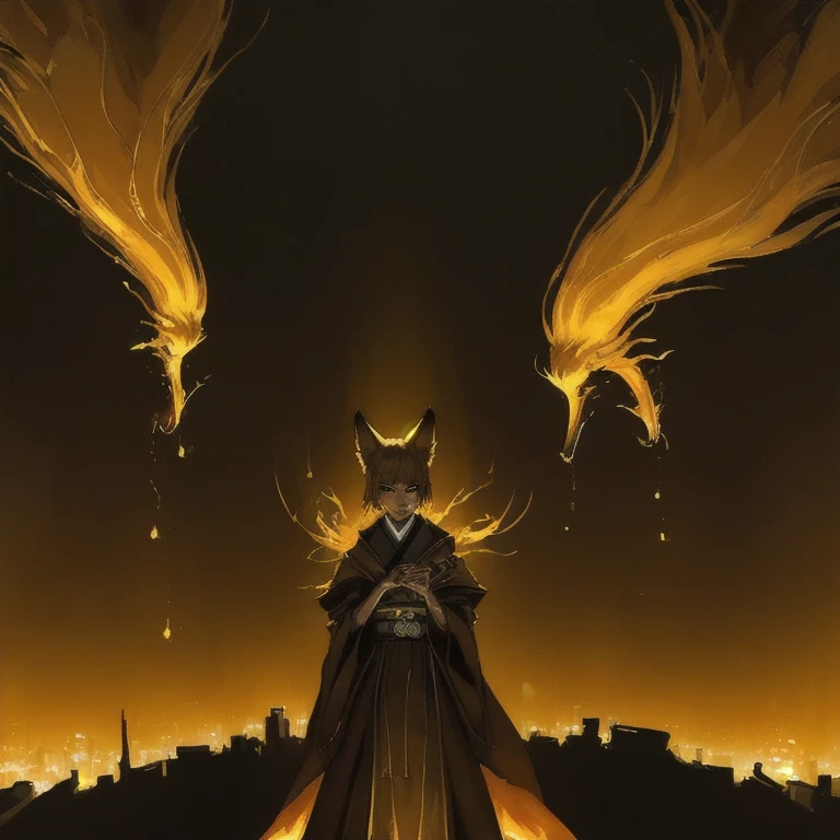 ((best qualityer, 8k, work of art: 1.3)), 1 girl, Slim with the appearance of a fox with 9 syrups and with a fiery gold on a dark night with a Japanese city with ambient lights and a dark lighting focusing on the girl and with light and shadow effects caused by the illuminated aura.